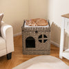 Foldable 2-tier grey rattan cat litter box enclosure with removable cushion, ideal for cozy lounging and easy cleaning.