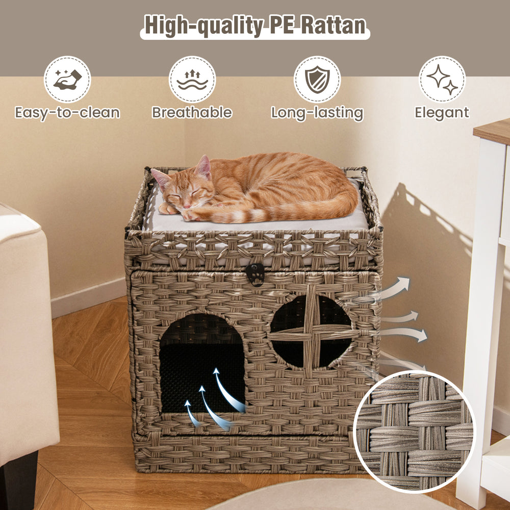 Foldable 2-tier grey rattan cat litter box enclosure with removable cushion, featuring a lockable opening and.