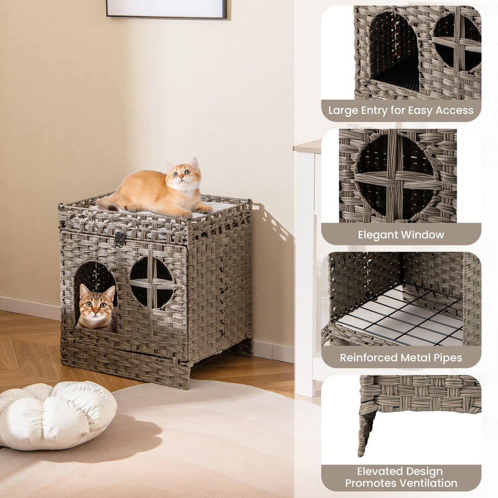 Foldable 2-tier rattan cat litter box enclosure in grey with large entry, elevated design, and removable cushion for.