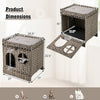Foldable 2-tier grey rattan cat litter box enclosure with large entry, removable cushion, and easy-clean litter mat.