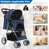 Folding pet stroller in navy with adjustable canopy, storage basket, and mesh windows for comfort and visibility.