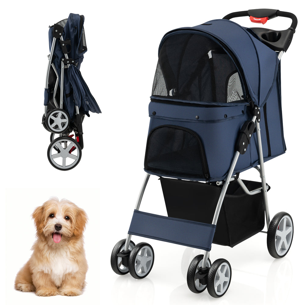 Folding pet stroller in navy with adjustable canopy, storage basket, and 4 mesh windows for ventilation and comfort.