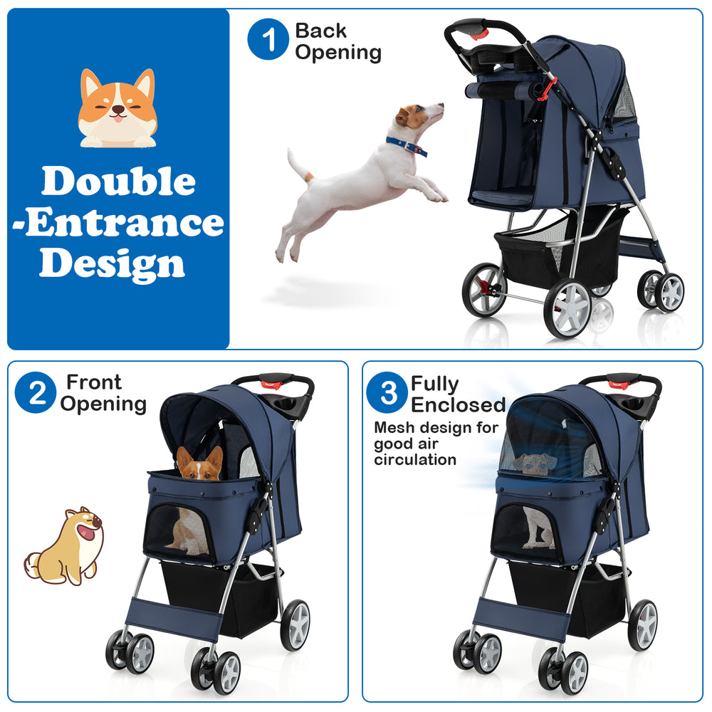 Folding pet stroller in navy with adjustable canopy, featuring double entrances and large storage basket for.