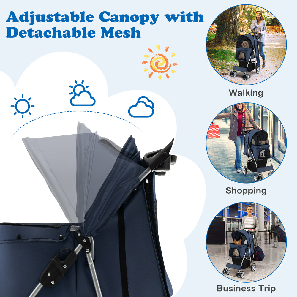 Folding pet stroller in navy with adjustable canopy, mesh windows, and large storage basket for outdoor adventures.