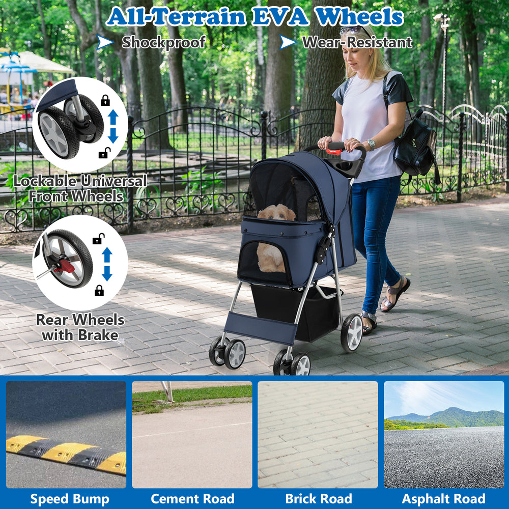 Folding pet stroller in navy with adjustable canopy, EVA wheels, and large storage basket for comfortable outdoor use.