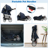 Folding pet stroller in navy, shown folded for easy storage, featuring a compact design ideal for travel and.