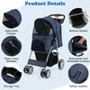 Close-up of the adjustable canopy on a navy folding pet stroller, providing sun protection and ventilation for small.