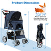 Folding pet stroller in navy with adjustable canopy, storage basket, and dimensions for small to medium pets.