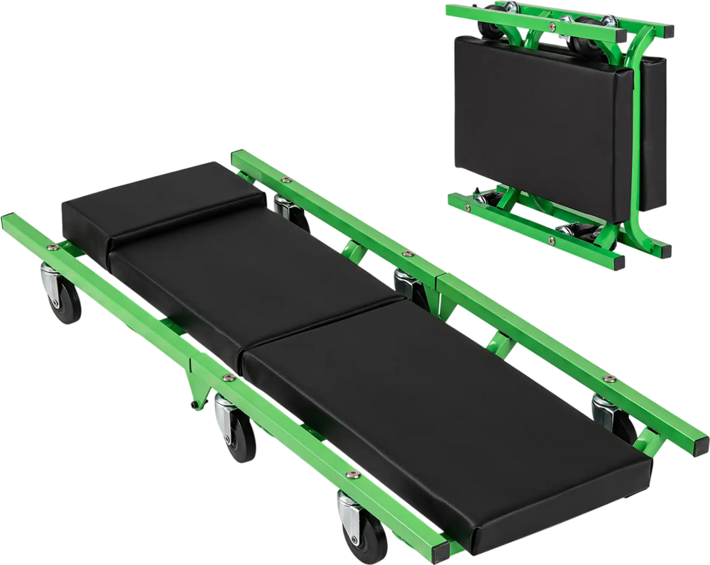 Foldable automotive creeper in green with thick padding, 360° swivel wheels, and a 330 lbs weight capacity for garage use.