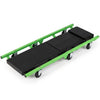 Foldable automotive creeper in green with thick padded cushion and 360° swivel wheels for easy under-car access.