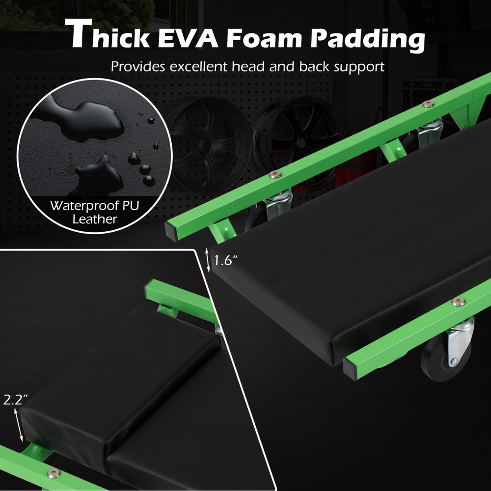 Thick padded cushion of the foldable automotive creeper provides comfort and support for garage work with a waterproof PU leather surface.
