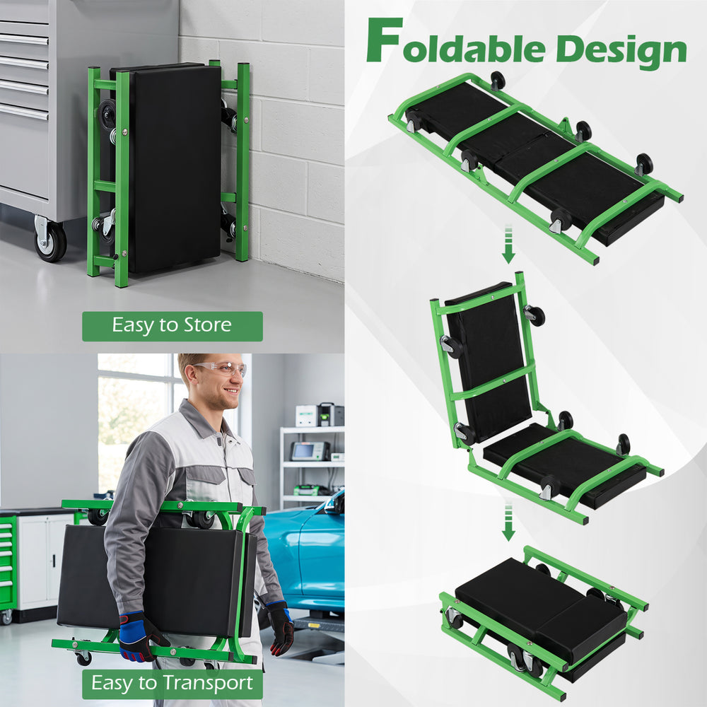 Foldable automotive creeper in green with thick padded cushion and 360° swivel wheels for easy transport and storage.