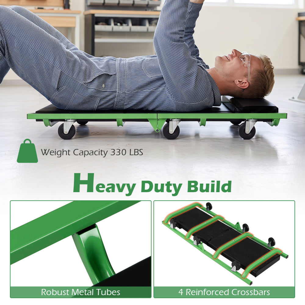 Foldable automotive creeper in green features a padded cushion, 330 lbs capacity, and 360° swivel wheels for easy movement.