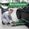 Foldable automotive creeper with low profile design and padded cushion for easy under-car access and comfort during repairs.
