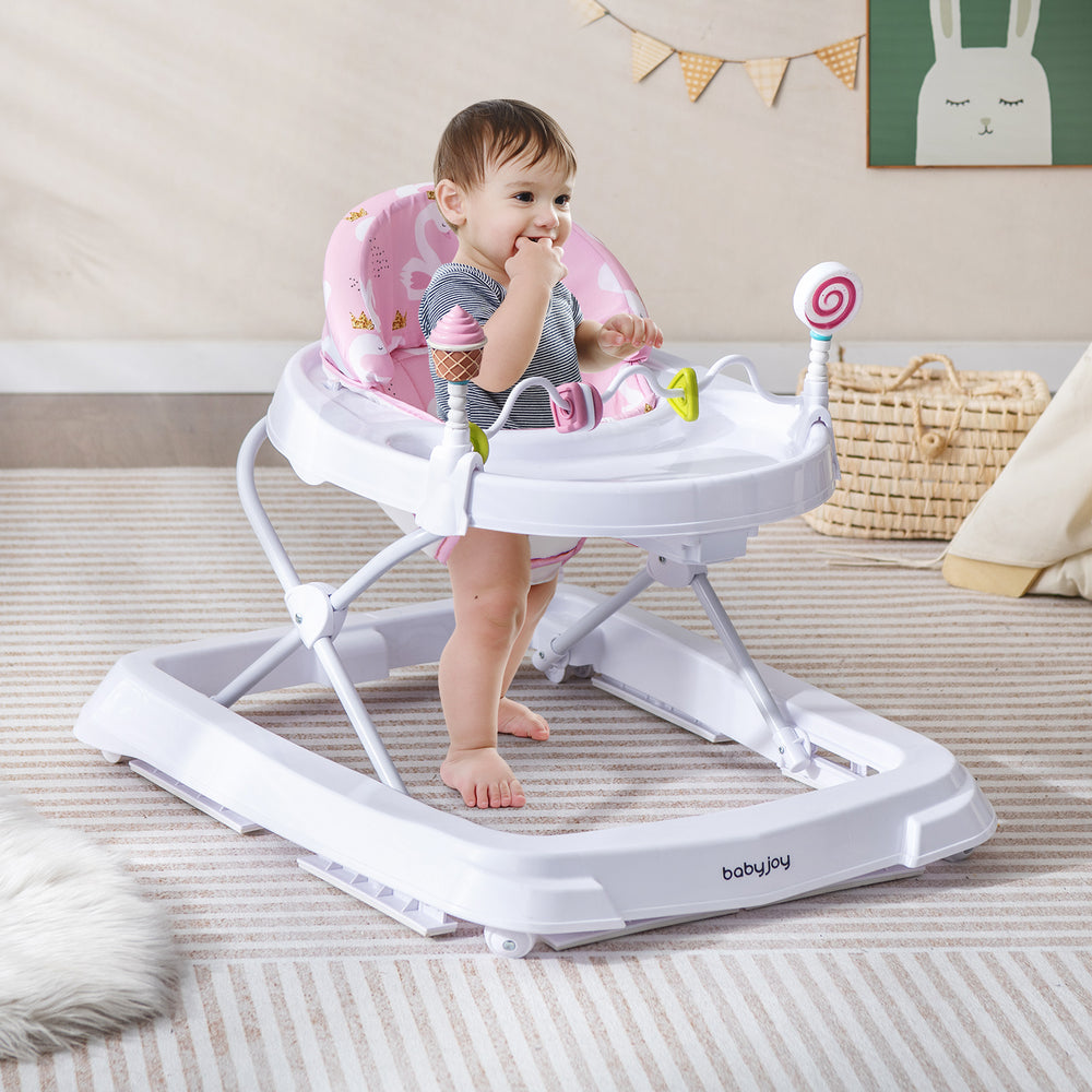 Foldable Baby Activity Walker with Adjustable Height and Detachable Seat Cushion-Pink - Gallery View 1 of 10