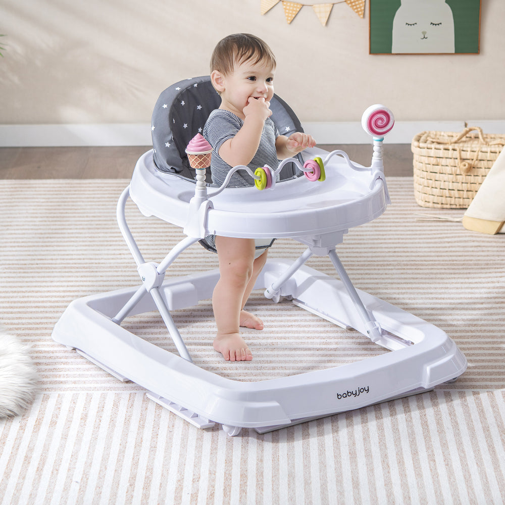 Baby activity walker in gray with round edges, anti-slip footpads, and height adjustment for infants aged 6-36 months.