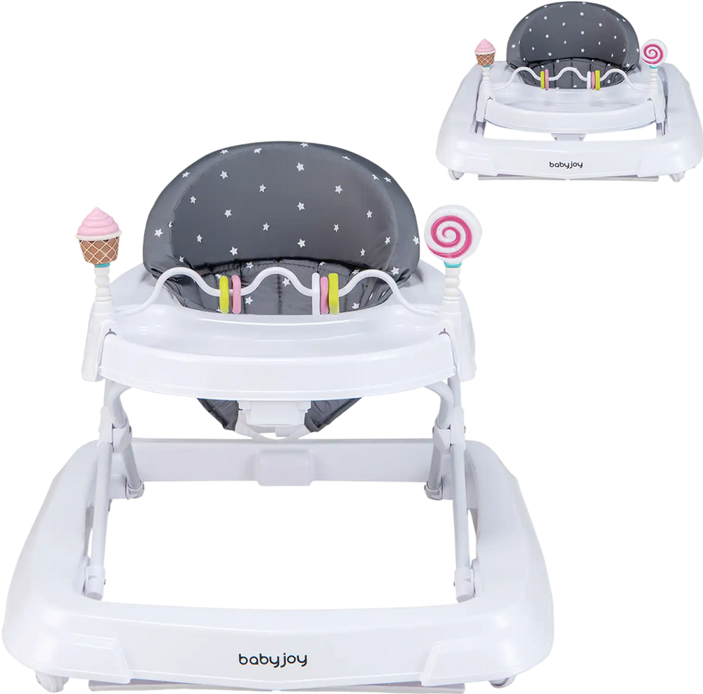 Front view of the foldable baby activity walker in gray, featuring a sturdy metal frame and playful ice cream-themed.