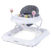Foldable baby activity walker in gray with adjustable height, detachable seat cushion, and safety features for infants.