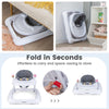 Foldable baby activity walker in gray with adjustable height, detachable seat cushion, and space-saving design for easy.