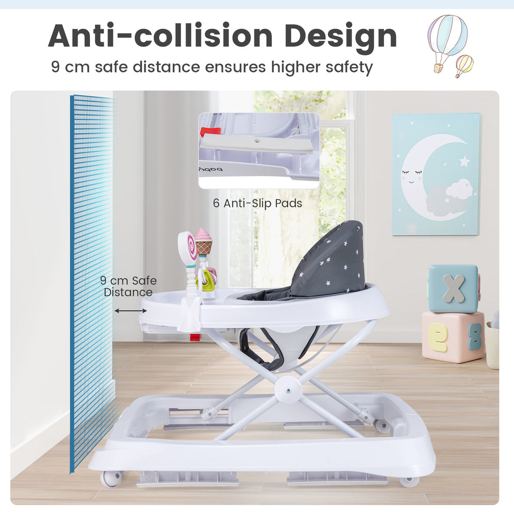 Foldable baby activity walker in gray with adjustable height, anti-slip pads, and 9 cm safe distance for enhanced.