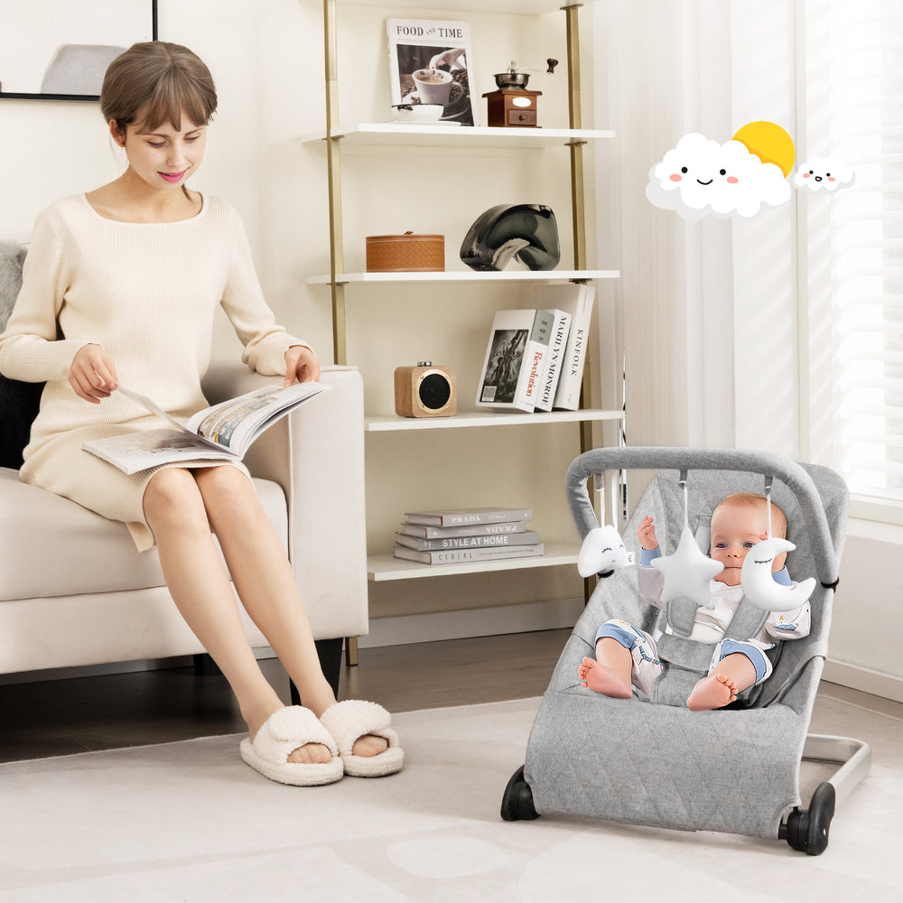 Foldable Baby Bouncer with Removable Fabric Cover and Toy Bar-Gray - Gallery View 1 of 10