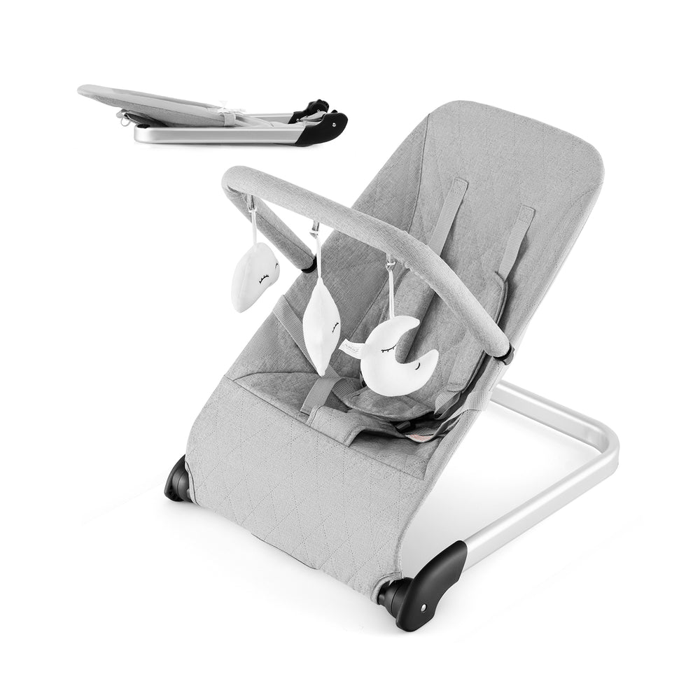 Foldable baby bouncer in gray with removable fabric cover and toy bar, featuring ergonomic design and lightweight.