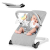 Foldable baby bouncer in gray with removable fabric cover and toy bar, designed for comfort and safety.