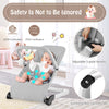 Foldable baby bouncer in gray with removable cover, adjustable 5-point harness, and anti-slip foot pads for safety.
