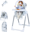 Foldable baby high chair in light gray with adjustable height, removable toy bar, and 5-point safety harness for secure.