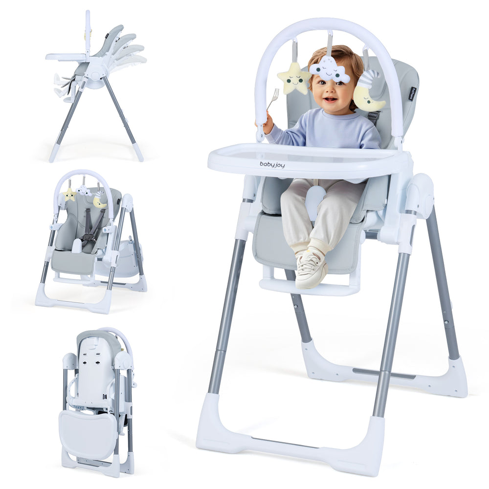 Foldable baby high chair in light gray with adjustable height, reclining seat, and removable toy bar for added fun.