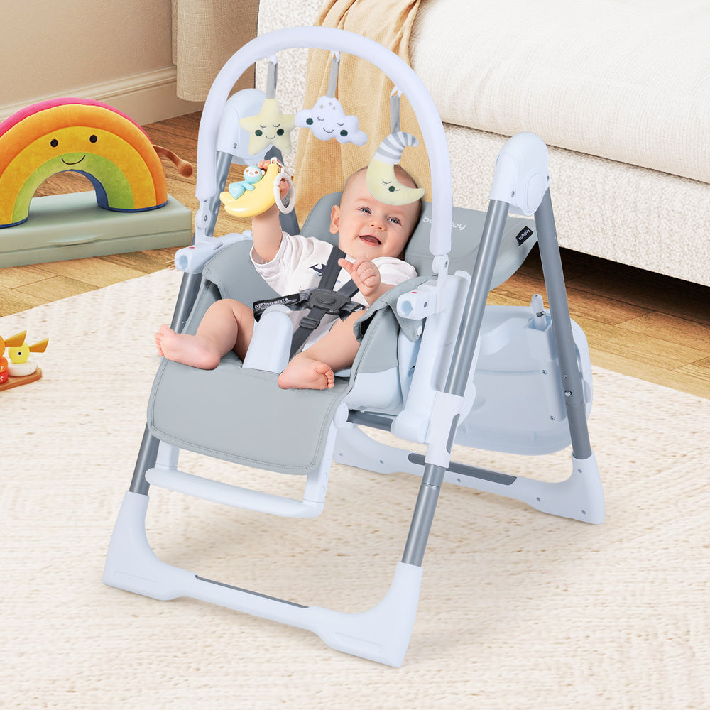 Adjustable footrest and reclining seat of the foldable baby high chair in light gray, ensuring comfort during mealtime.