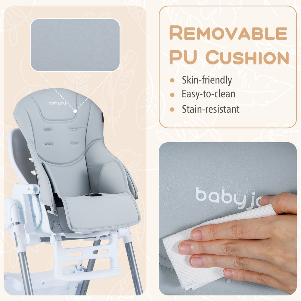 Removable PU cushion of the foldable baby high chair, skin-friendly and easy-to-clean for added comfort and convenience.