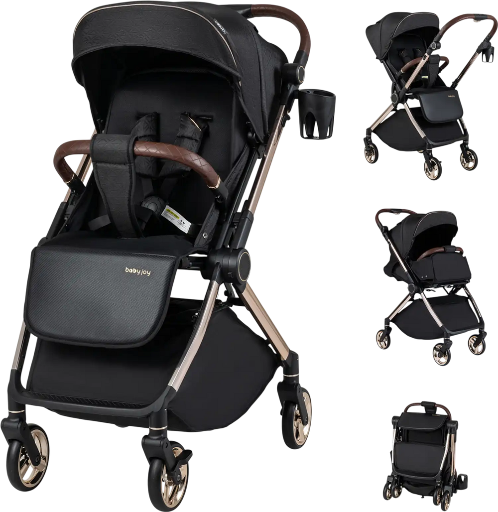 Foldable baby stroller in black with a reversible handle, adjustable backrest, and smooth-rolling wheels for versatile use.