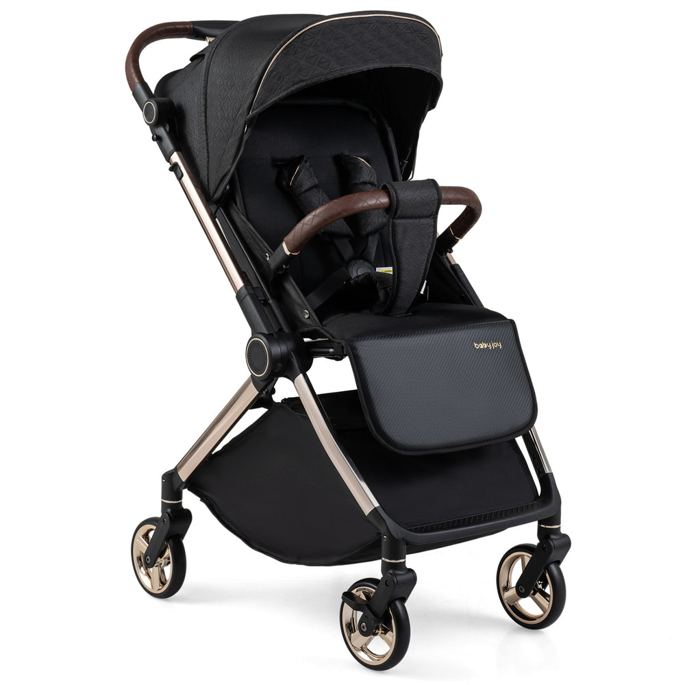 Foldable baby stroller in black showcases a cozy seating experience with a large canopy and peek-a-boo window for baby visibility.