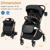 Foldable baby stroller in black features a reversible handle, adjustable backrest, and smooth-rolling wheels for versatile use.