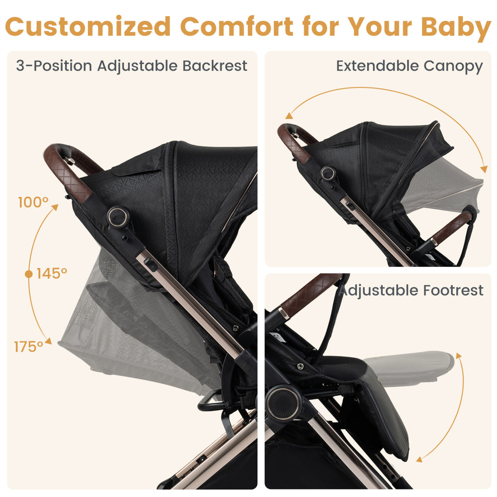Adjustable backrest and footrest of the Foldable Baby Stroller in black provide customized comfort for your baby.
