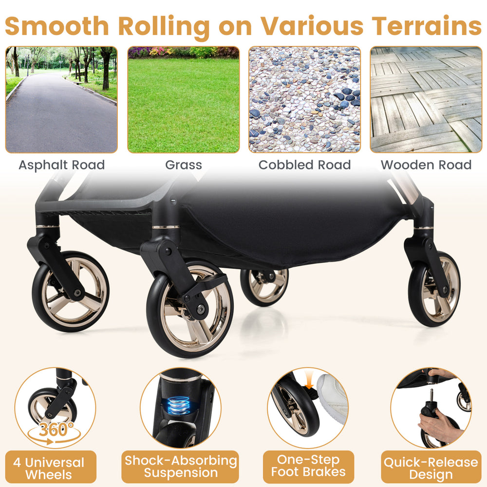 Foldable baby stroller in black features a reversible handle and smooth-rolling wheels for various terrains like grass and asphalt.