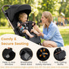 Foldable baby stroller in black features a reversible handle, breathable mesh back, and 5-point safety harness for secure seating.