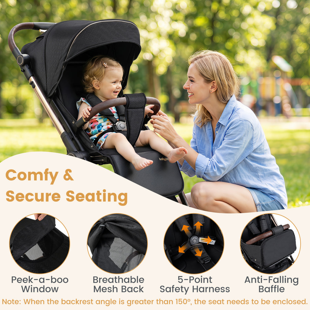 Foldable baby stroller in black features a reversible handle, breathable mesh back, and 5-point safety harness for secure seating.