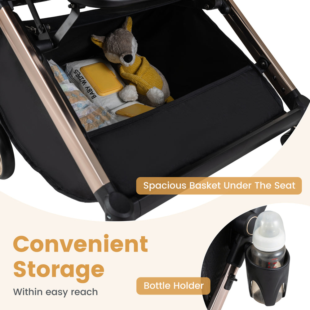 Spacious storage basket and bottle holder featured in the foldable black baby stroller for convenient accessibility.