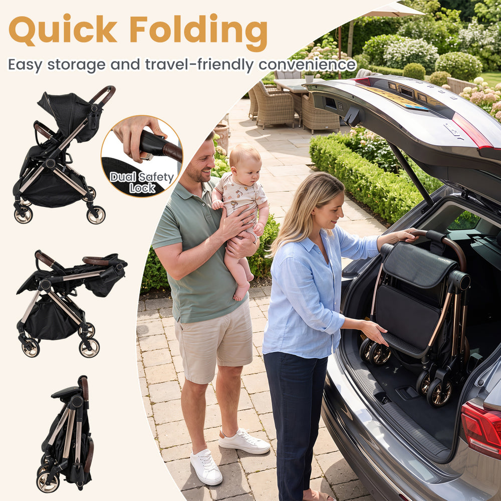 Foldable baby stroller in black with a reversible handle, quick folding design, and dual safety lock for travel convenience.