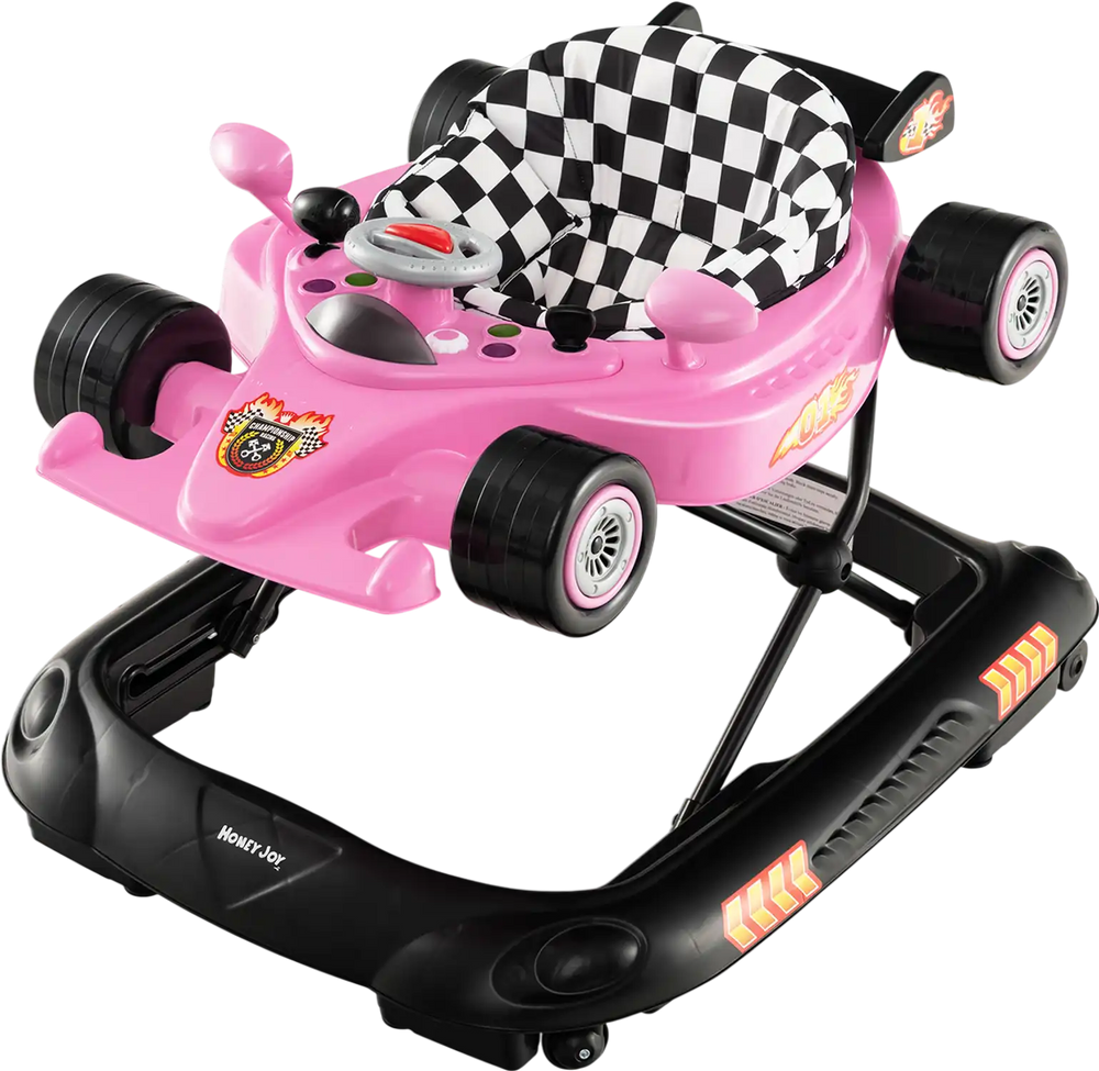 Convertible baby walker in pink racing car design with adjustable height, music tray, and non-slip foot pads for fun.