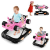 Convertible pink baby walker in racing car shape with adjustable height, music tray, and interactive toys for fun.