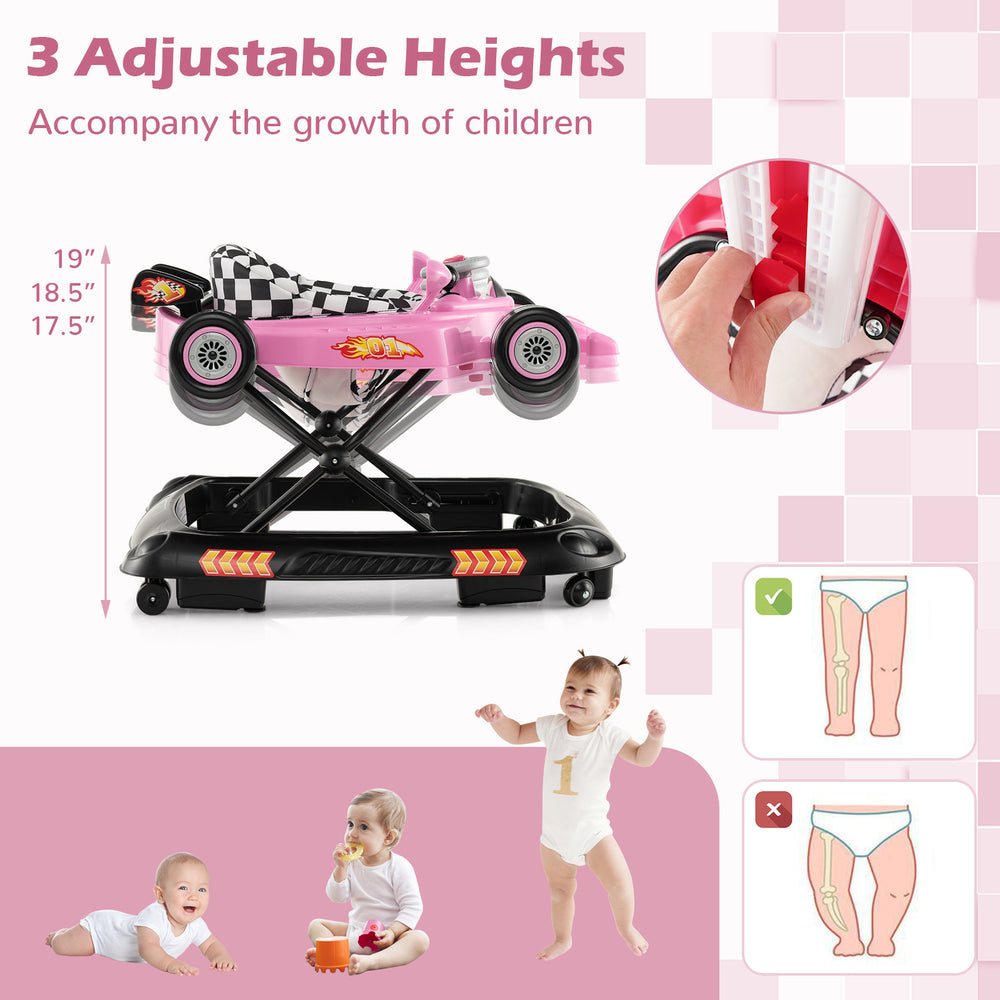 Convertible baby walker in pink with a soft padded seat cushion, featuring three height settings and removable for easy.
