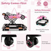 Convertible baby walker in pink with racing car design, adjustable height, and universal wheels for easy movement.