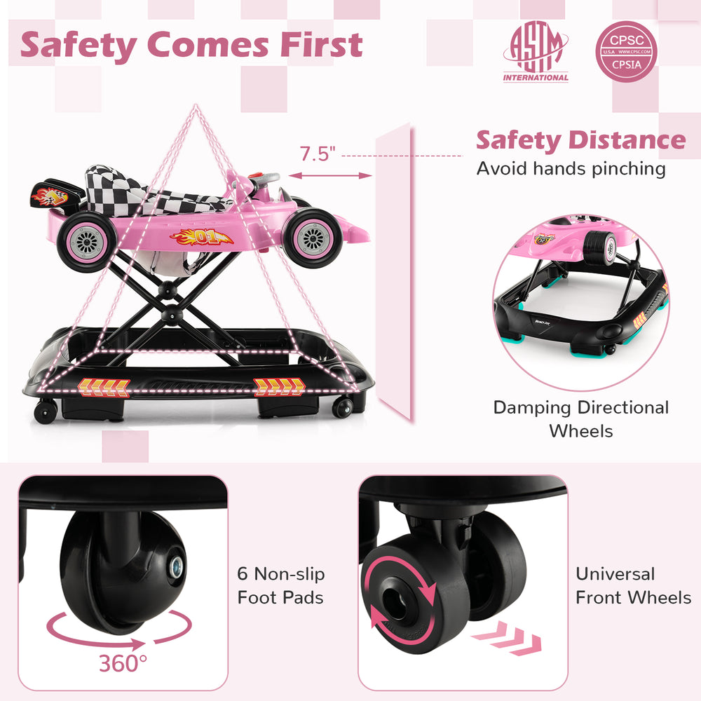 Convertible baby walker in pink with racing car design, adjustable height, and universal wheels for easy movement.