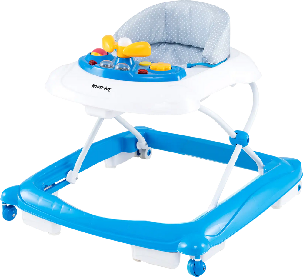 Foldable baby walker in blue with adjustable heights, padded seat, and interactive music tray for safe mobility.