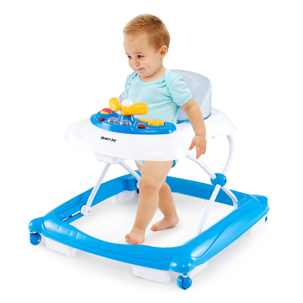 Baby walker in blue featuring a padded seat, music tray, and universal wheels for easy movement and safe playtime.