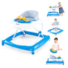 Foldable baby walker in blue with adjustable heights, padded seat, music tray, and interactive toys for safe play.