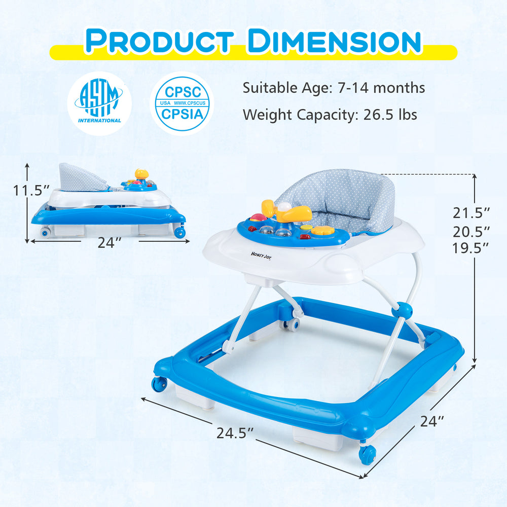 Foldable baby walker in blue with adjustable heights, padded seat, and music tray, suitable for 7-14 months.